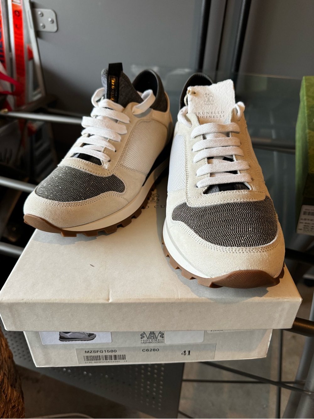 Brunello Cucinelli Cream and Gray Trail-Style Suede & Mesh Sneakers